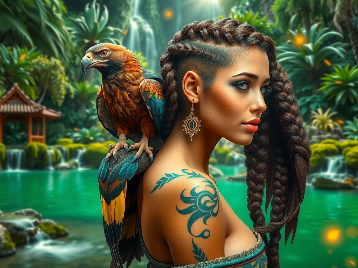 Young Woman with Braids and Eagle in Tropical Scene