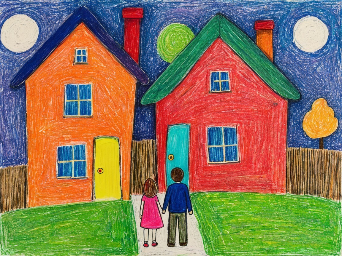 Colorful Drawing of Two Houses Under a Starry Sky