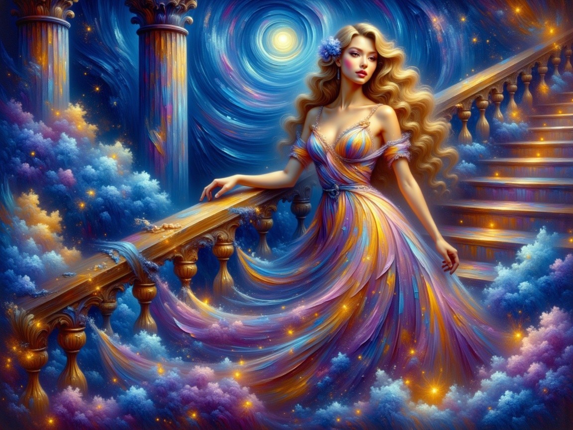 Ethereal figure on stairway in moonlit setting