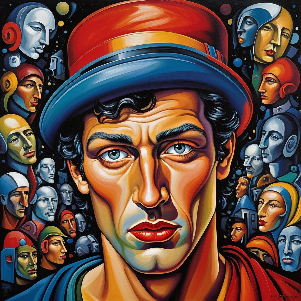 Artwork of Central Figure with Abstract Faces and Colors