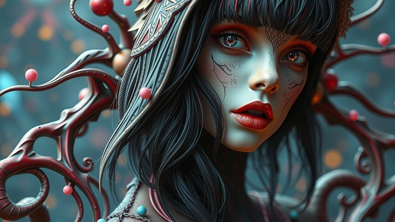 Close-Up of a Fantasy Character with Markings and Makeup