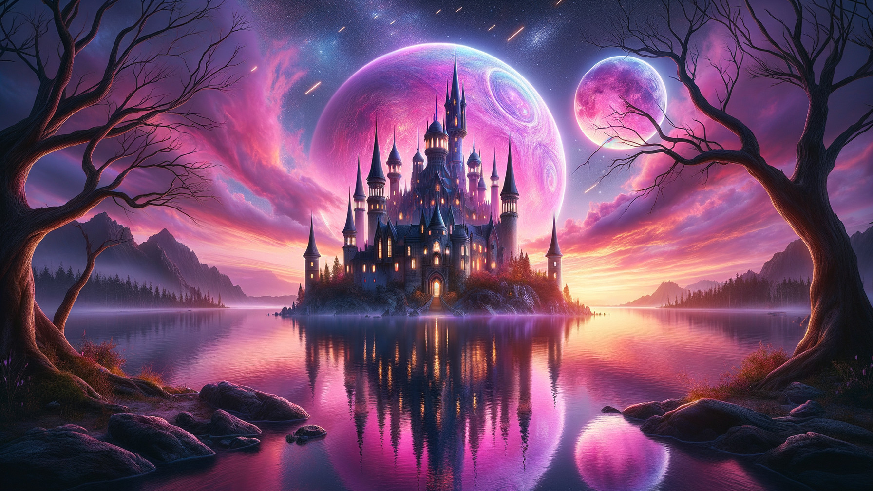 Fairytale Landscape with Castle and Celestial Bodies