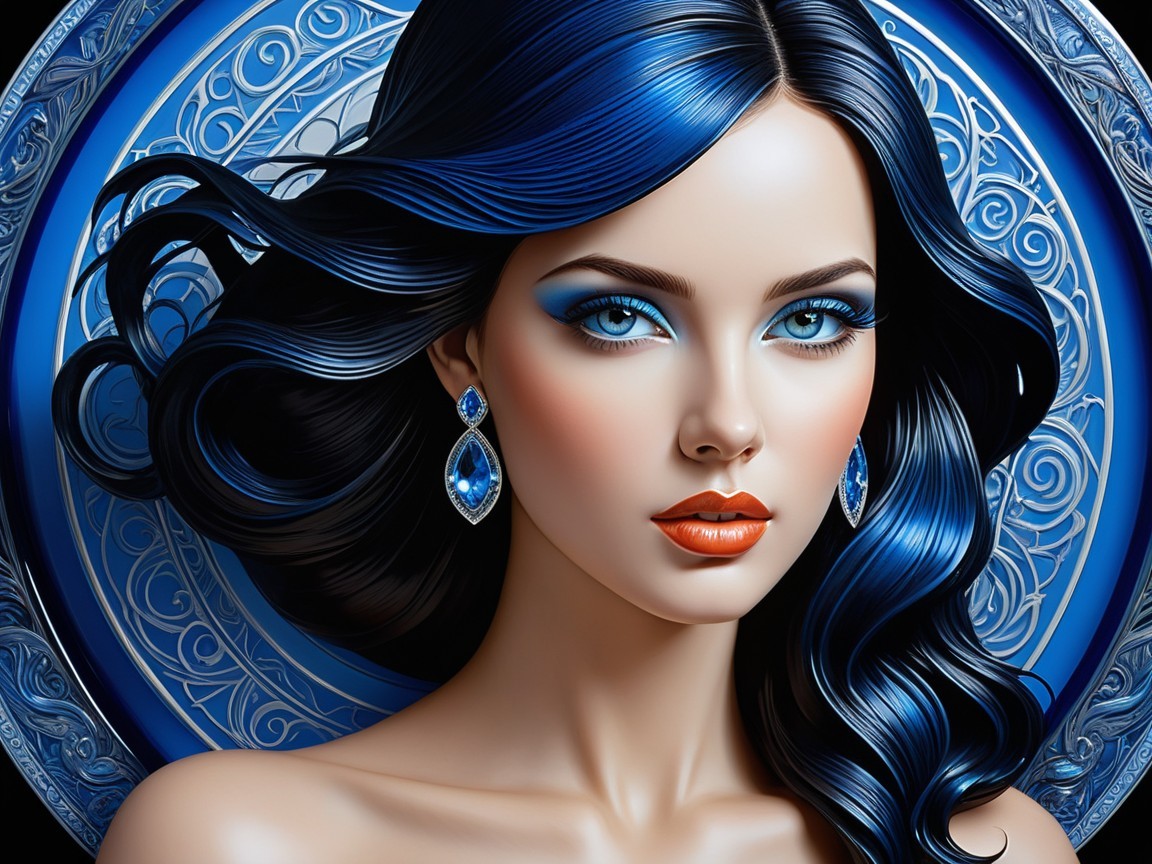 Portrait of a woman with dark blue hair and earrings