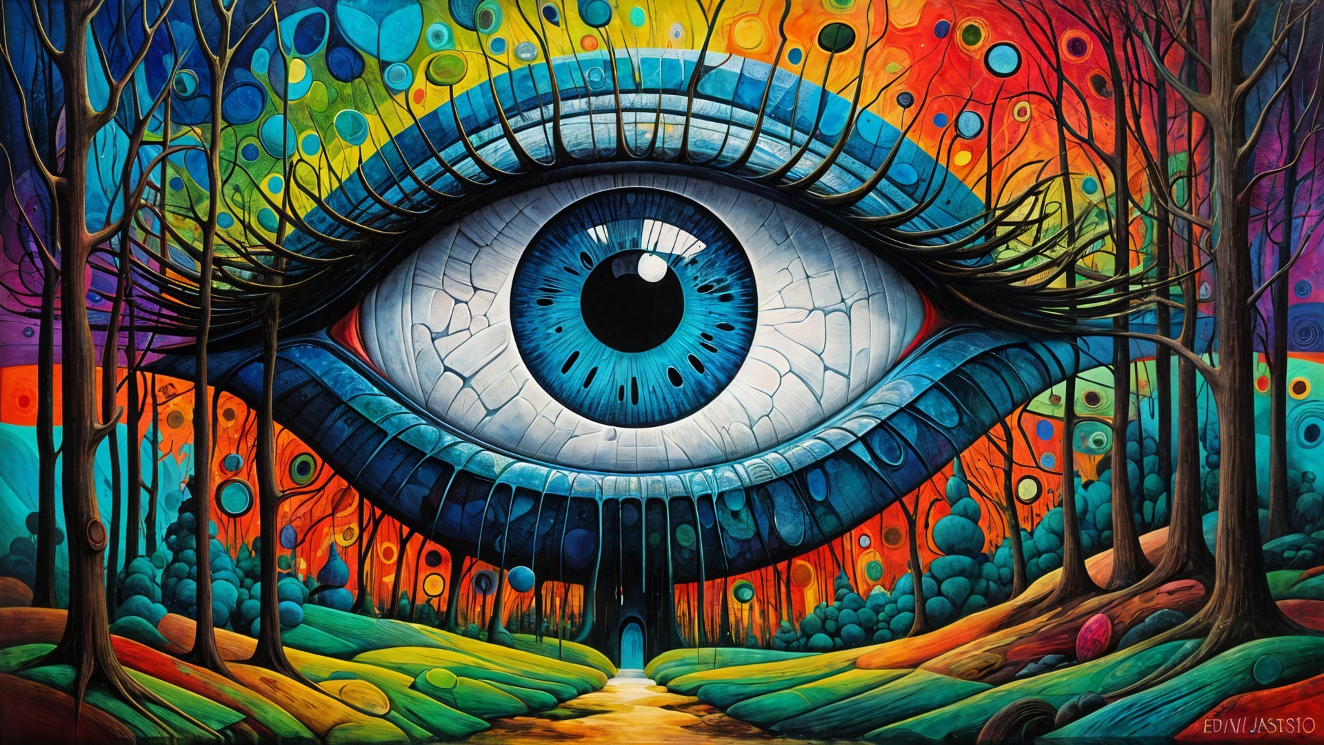 Surreal Landscape with Central Eye and Colorful Trees