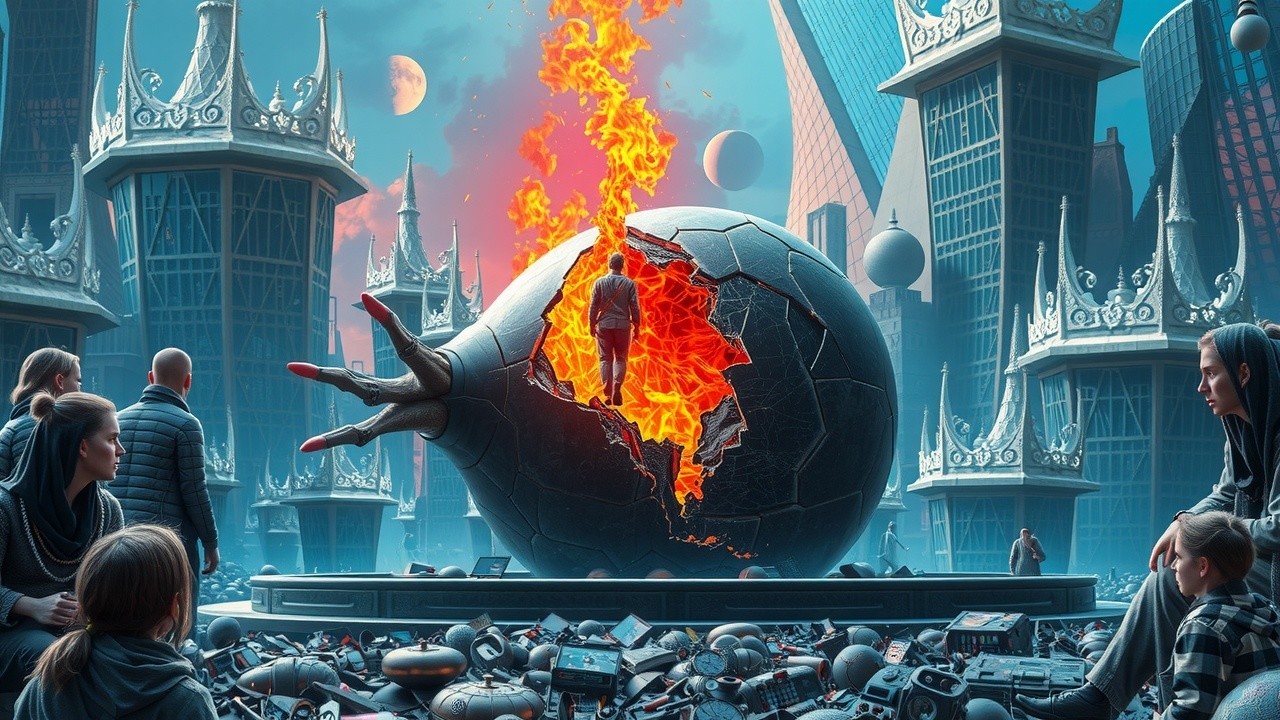 Surreal Dystopian Landscape with Giant Cracked Orb