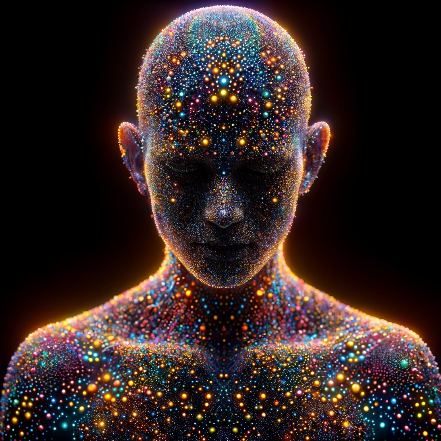 Human figure with textured surface and cosmic illumination