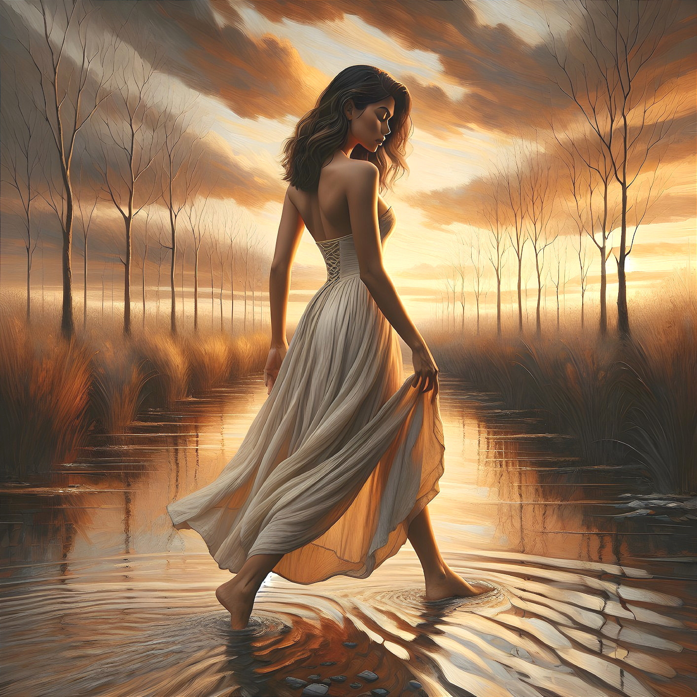 Woman in White Dress Walking Through Calm Waters at Sunset