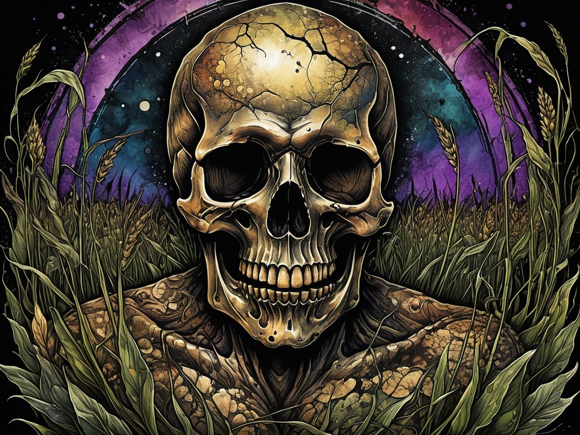 Skull Against Cosmic Background with Grass Elements