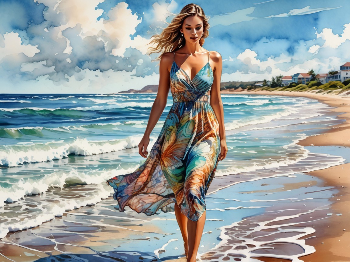 Woman in Colorful Dress at Picturesque Beach Scene