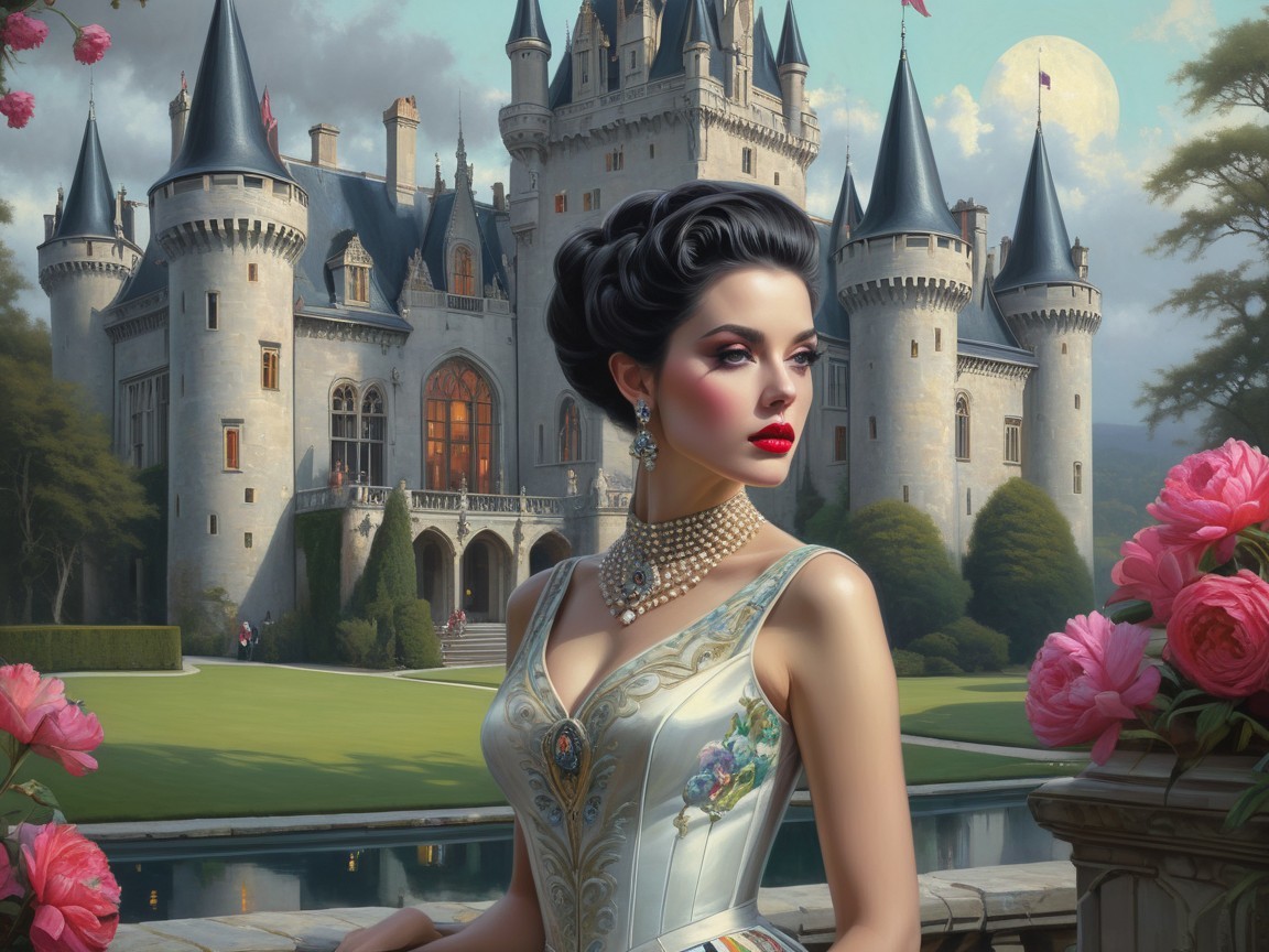 Elegant woman in gown by fairy-tale castle at night