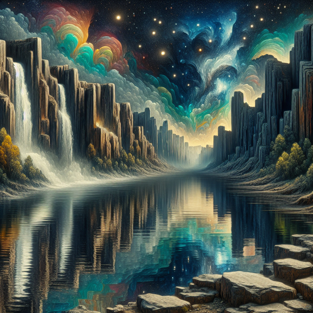 Jagged Cliffs and Serene River with Cosmic Sky