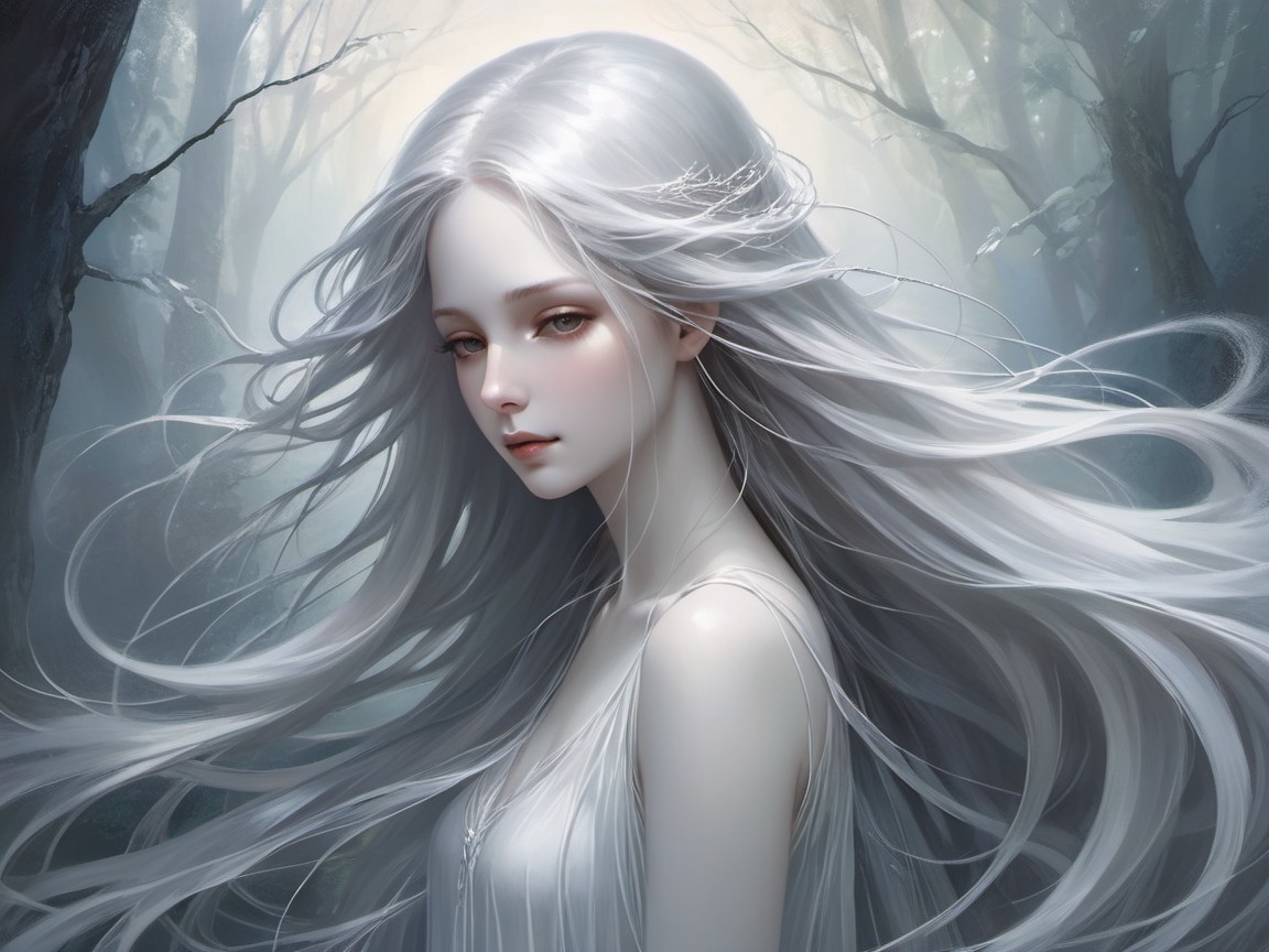 Serene Figure in Misty Forest with Ethereal Beauty