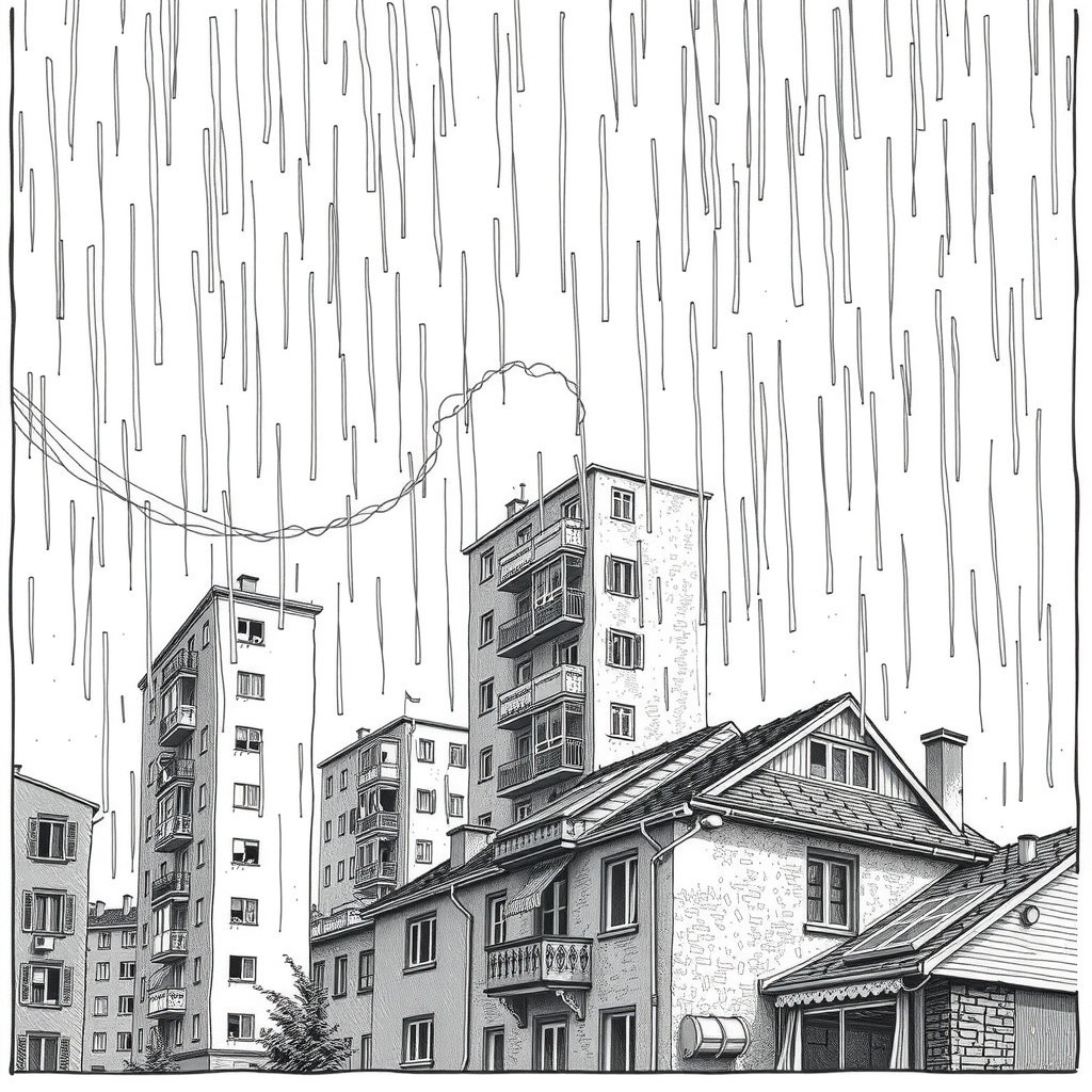 Black and white rainy cityscape illustration with homes