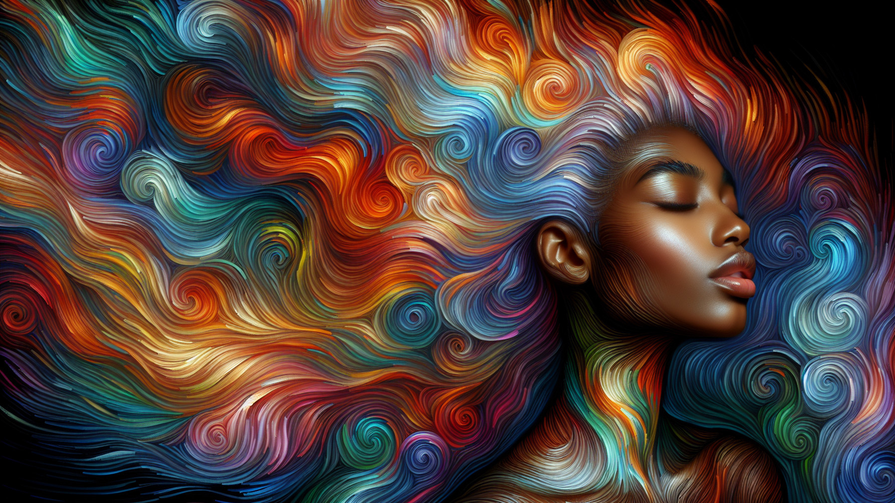 Portrait of a woman with vibrant, swirling hair colors