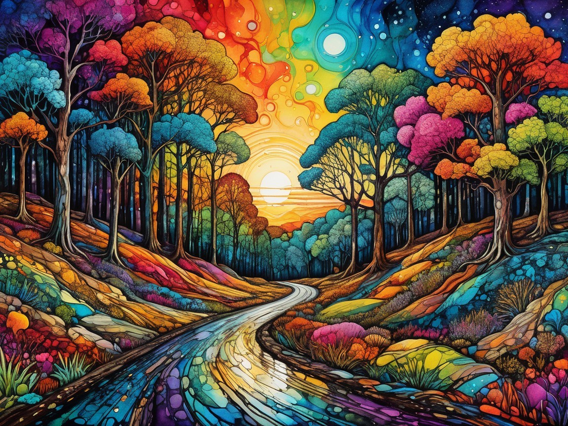 Surreal Landscape with Winding River and Colorful Sky