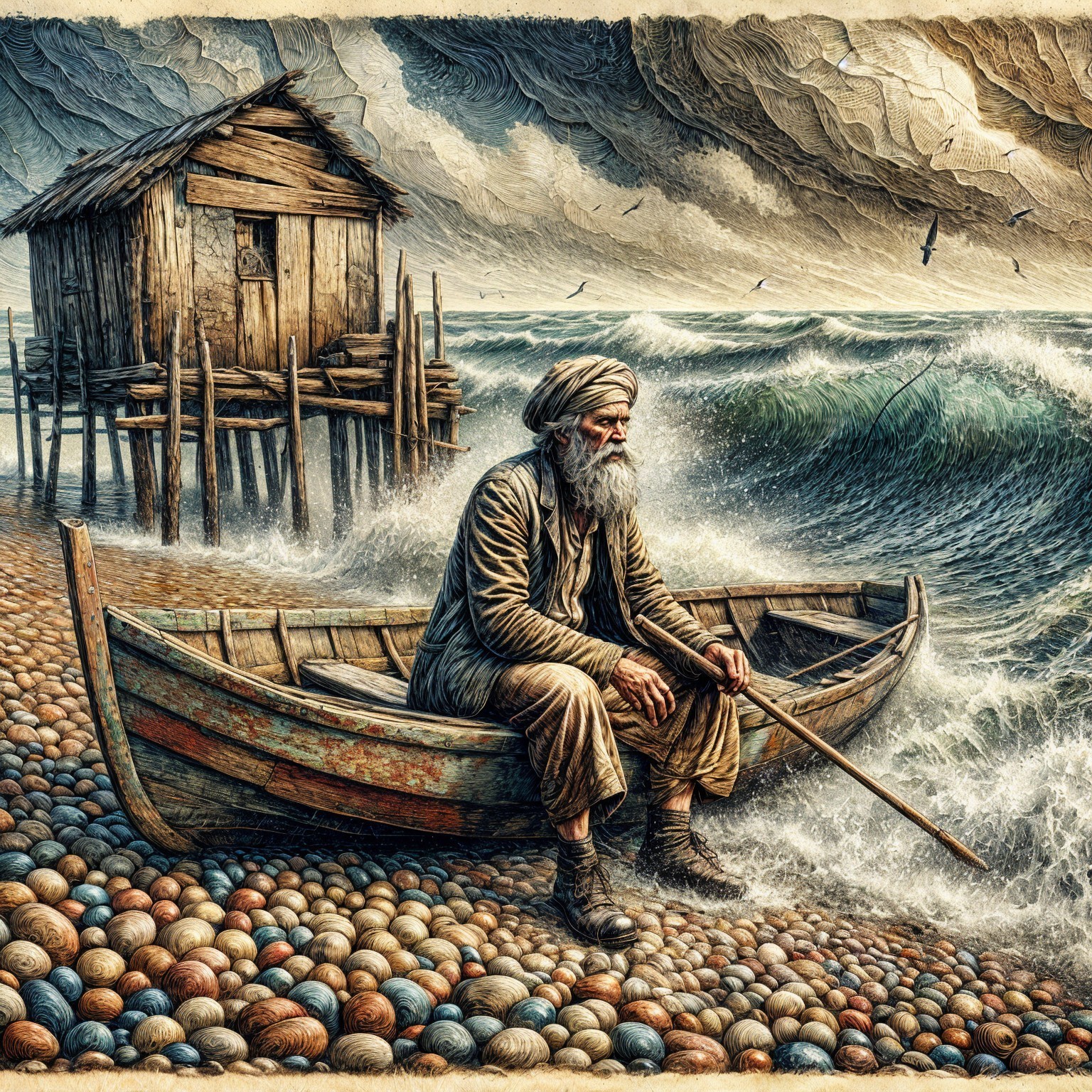 Elderly man in boat by pebbled shore and sea