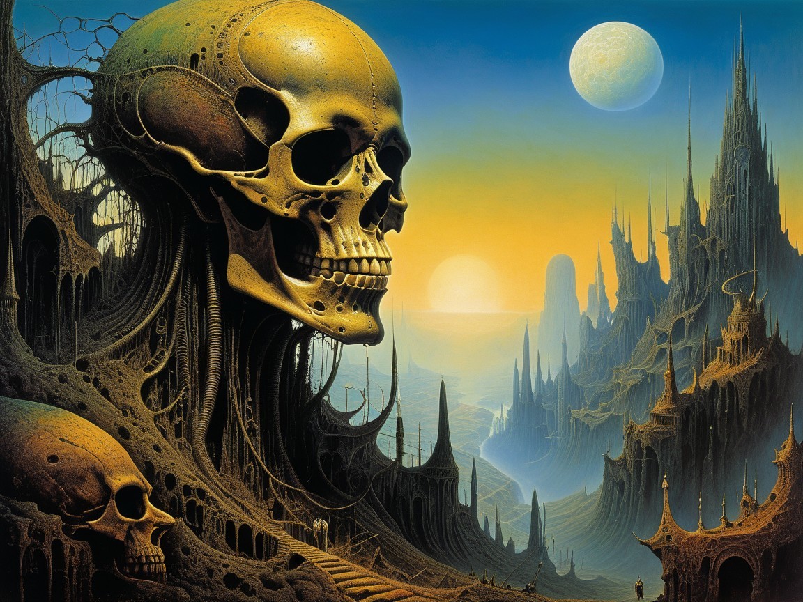 Surreal landscape with a giant skull and gothic structures