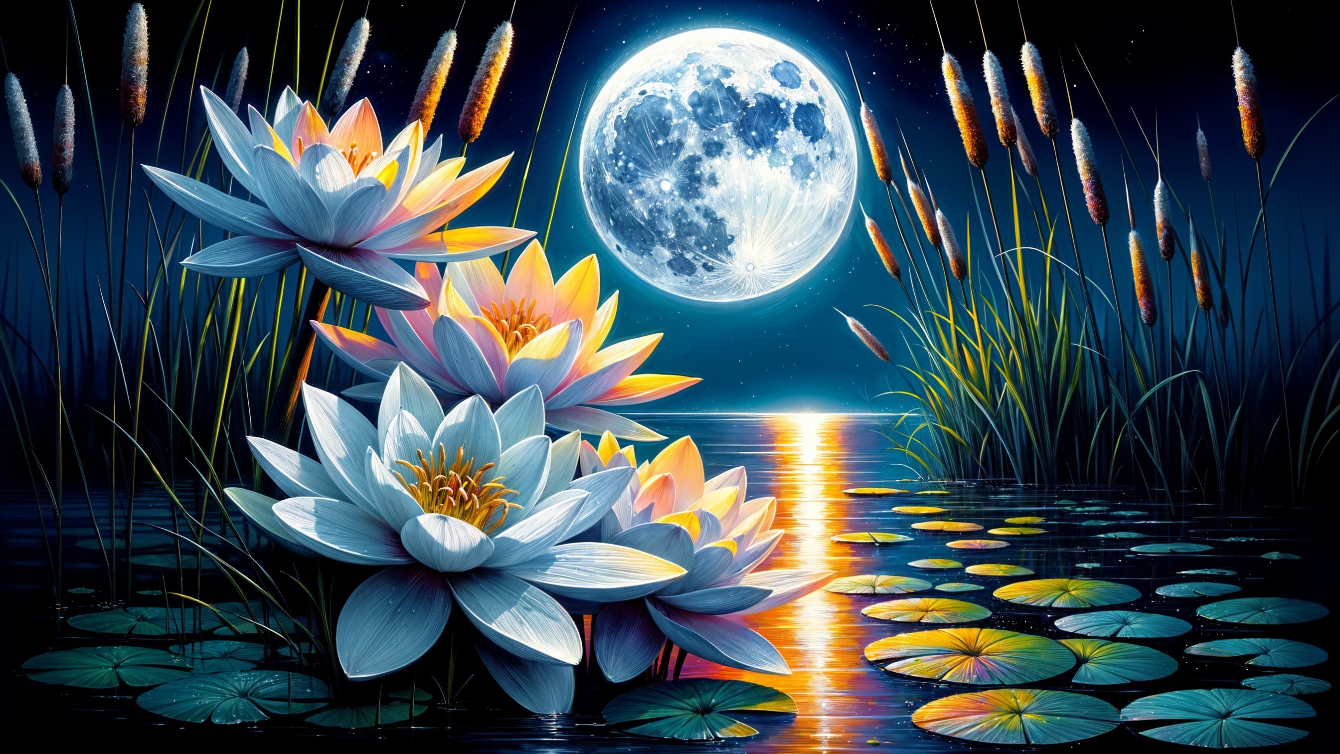 Serene Nighttime Scene with Water Lilies and Moonlight