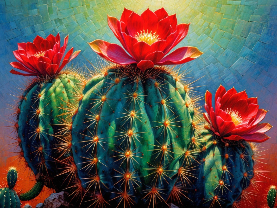 Vibrant Cacti with Red Flowers in Colorful Background
