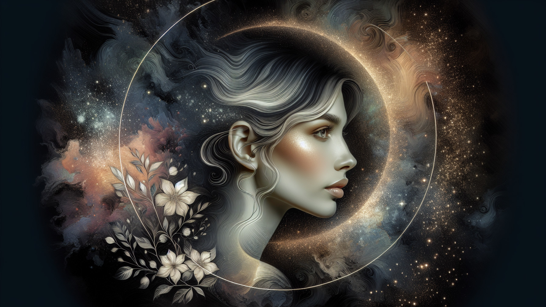 Dreamy Woman Profile Against Cosmic Backdrop