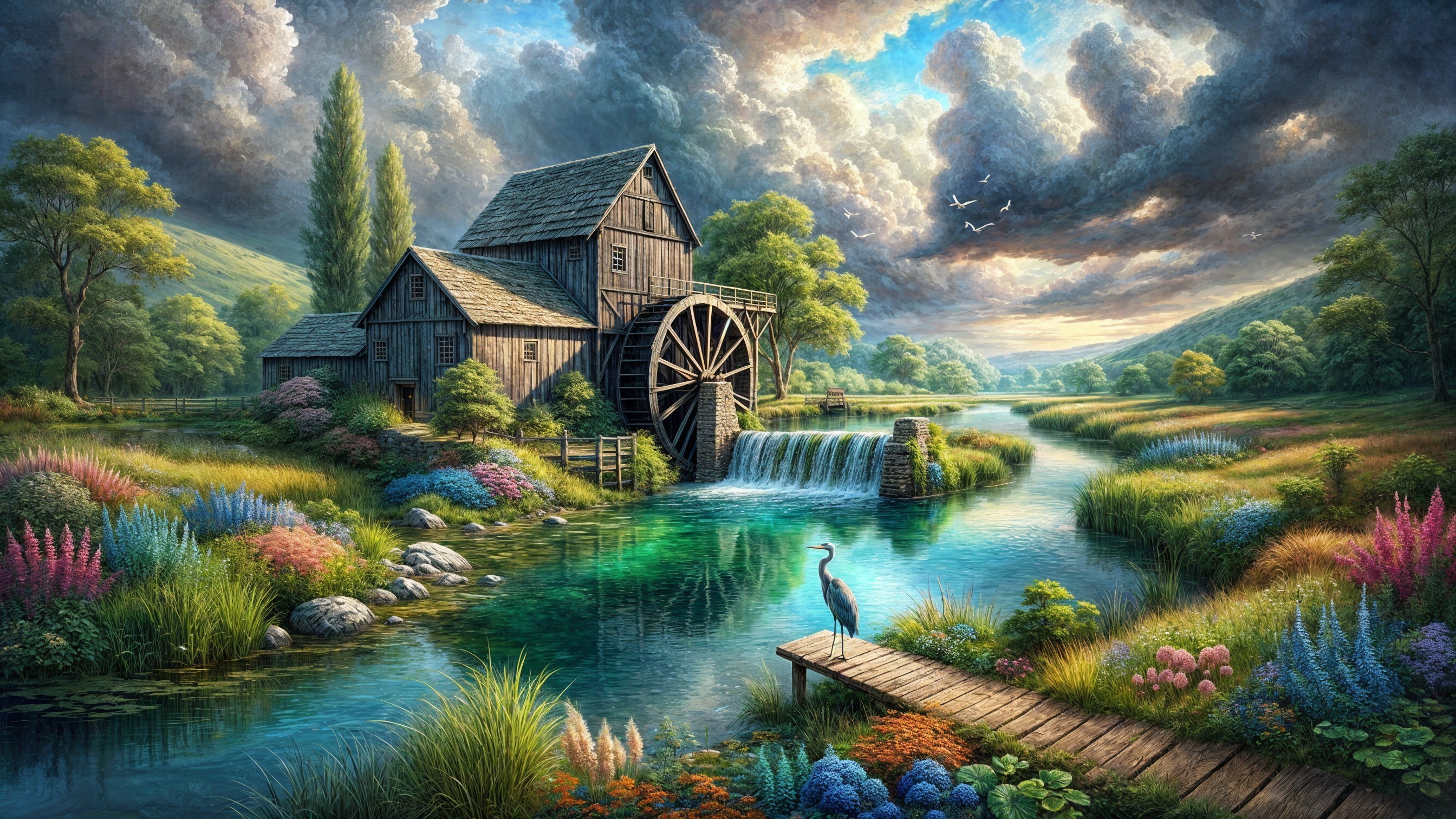 Wooden Watermill by Vibrant River in Serene Landscape