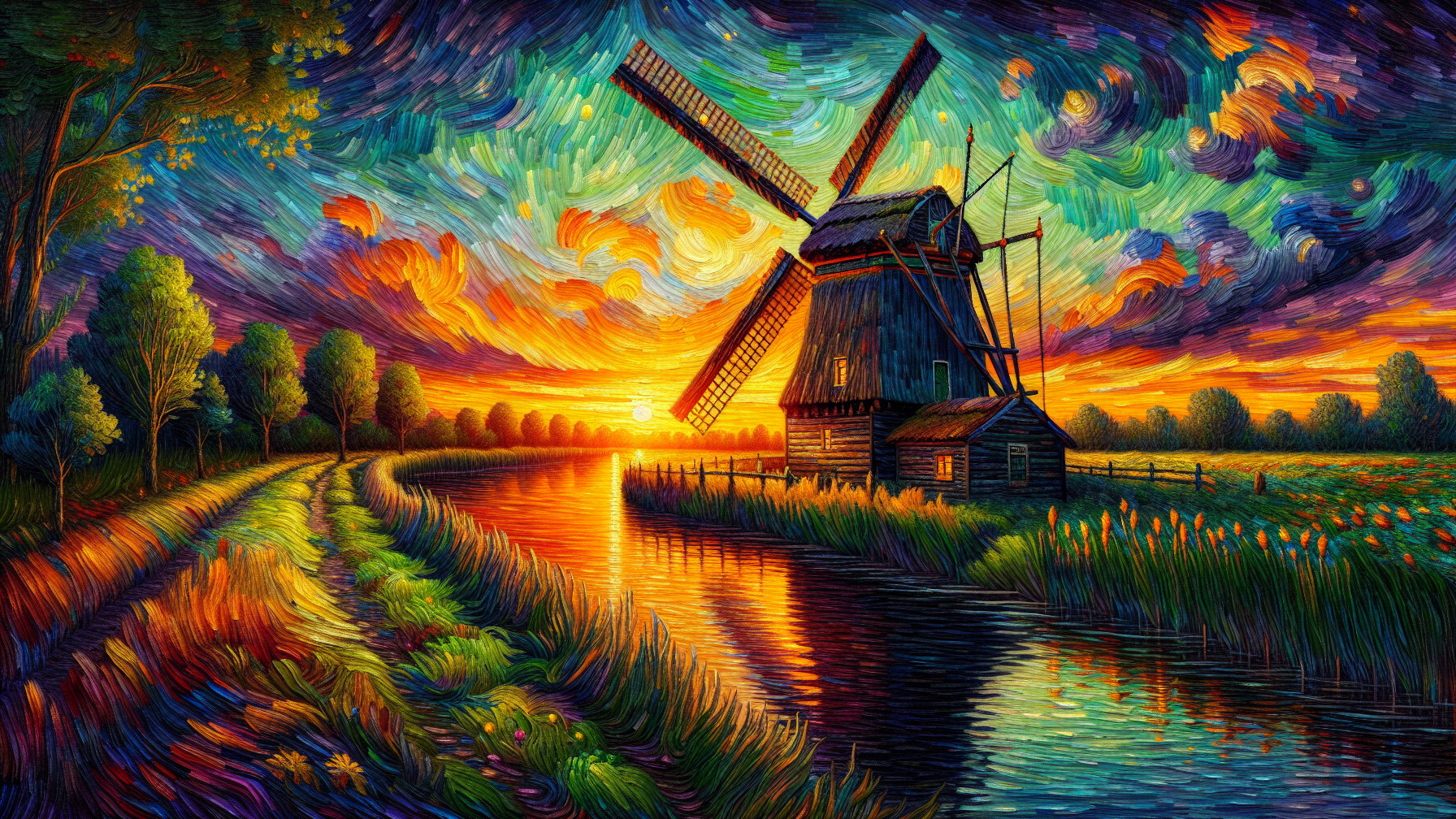 Vibrant Sunset Over Countryside with Windmill and River