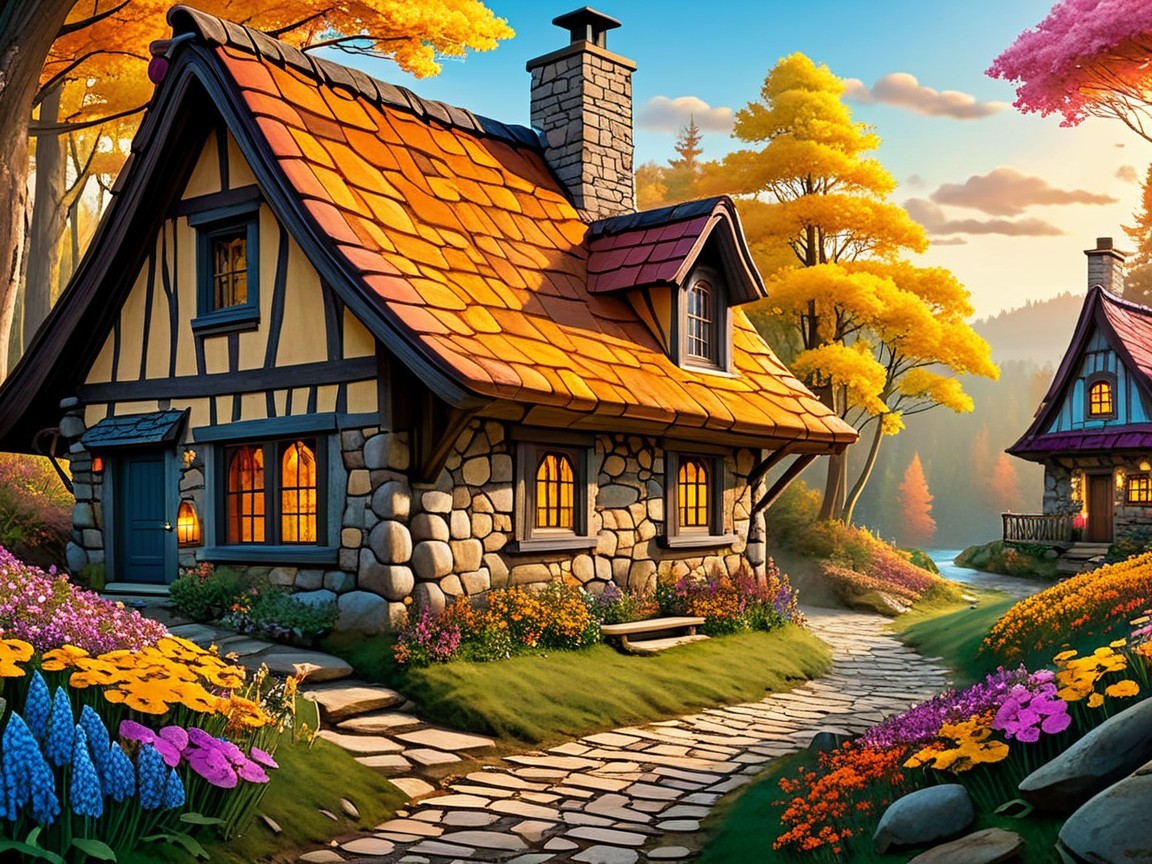 Picturesque Cottage in Vibrant Autumn Landscape
