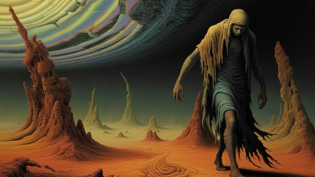 Mysterious Figure in Surreal Alien Landscape