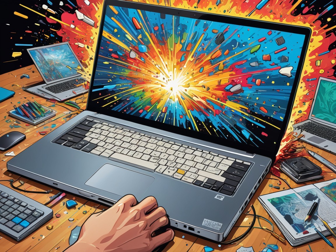 Dynamic Illustration of Laptop Amidst Colorful Explosion
