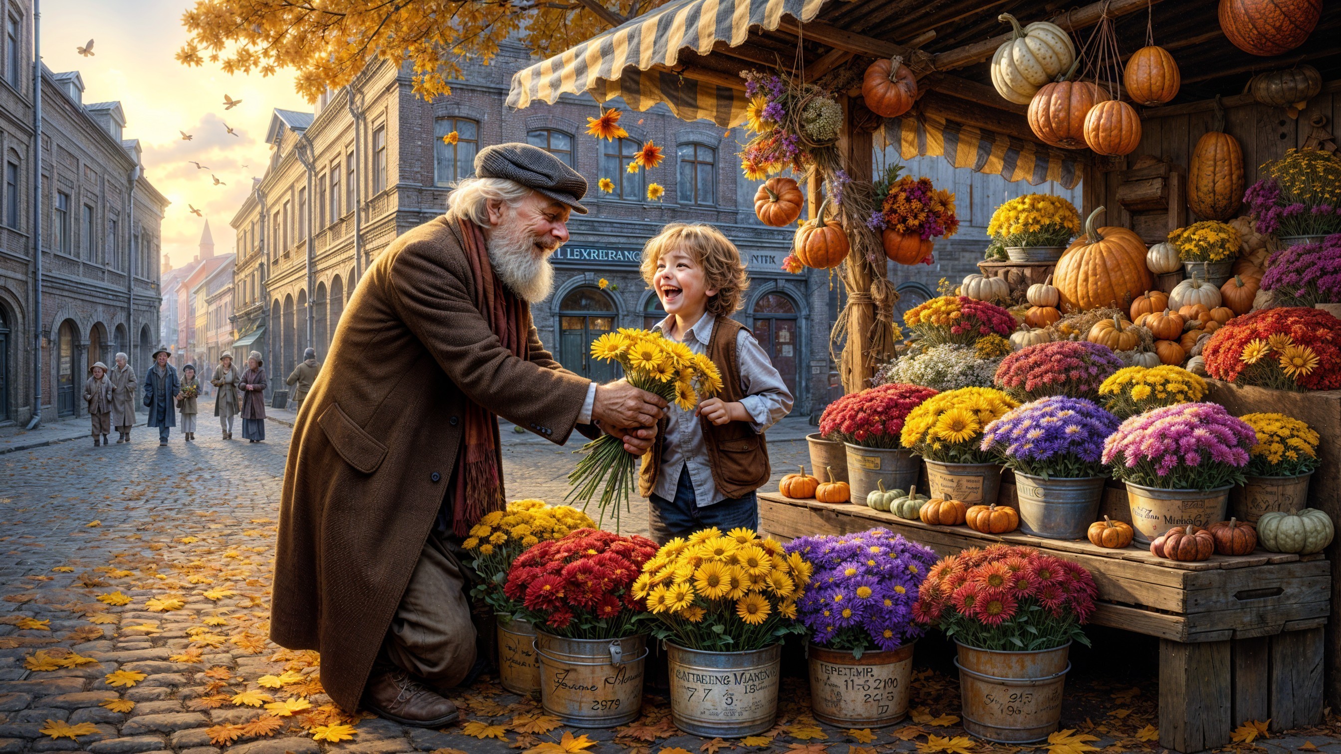 Autumn Market Scene with Flowers and Joyful Interactions