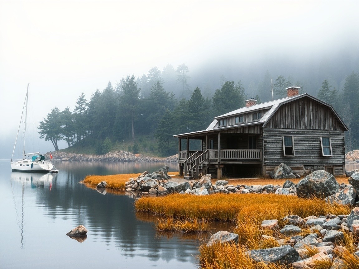 Wooden Cabin by Foggy Lakeside Surrounded by Trees