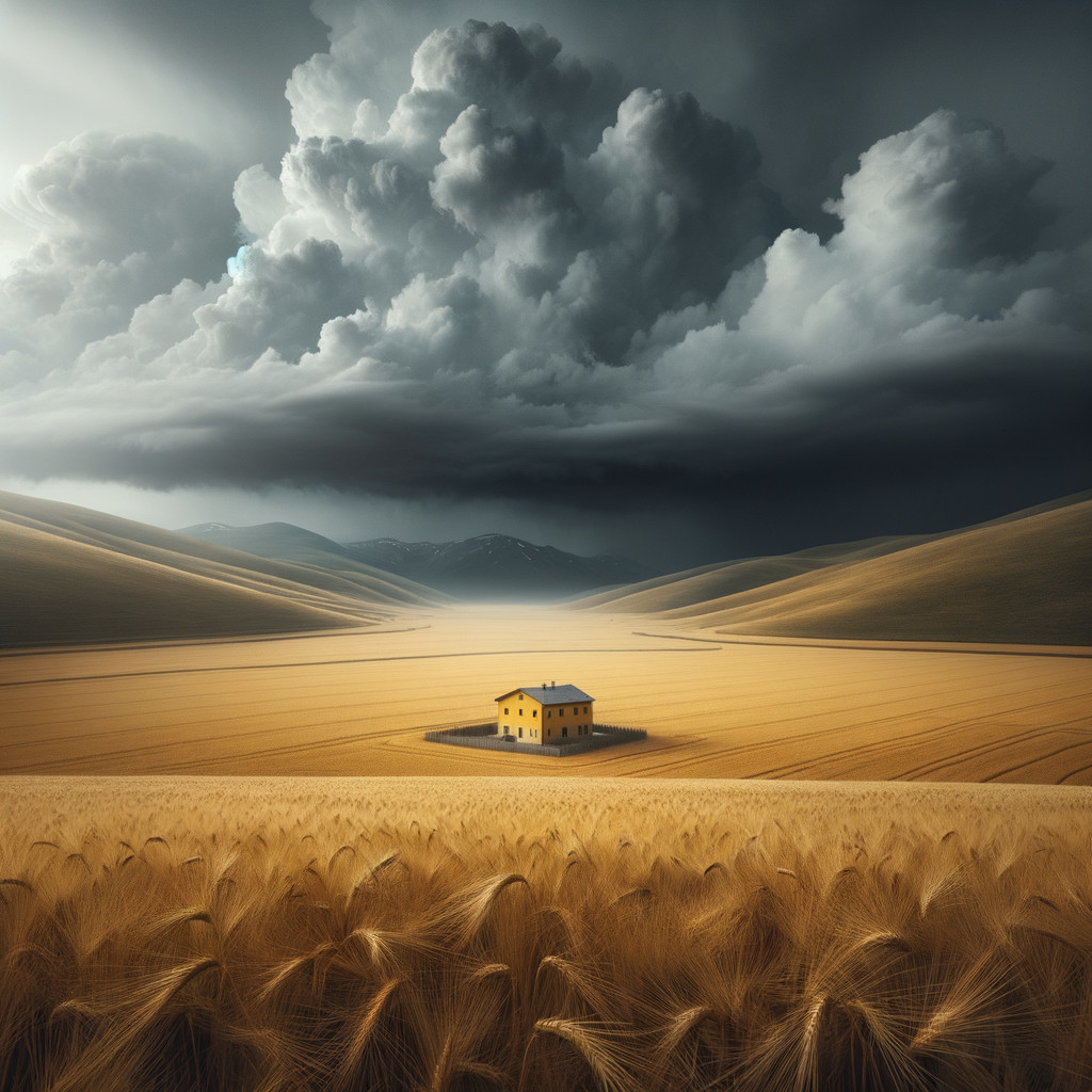 Yellow House in Golden Wheat Fields Under Dramatic Sky