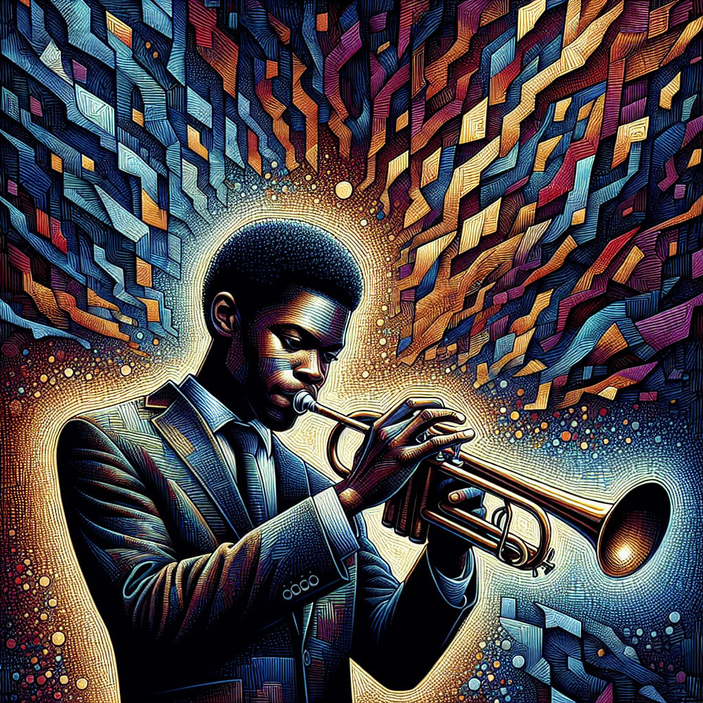 Young Musician Playing Trumpet in Colorful Abstract Setting