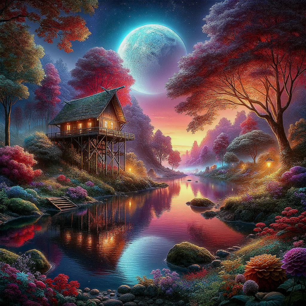 Wooden House by River in Autumn Sunset Landscape