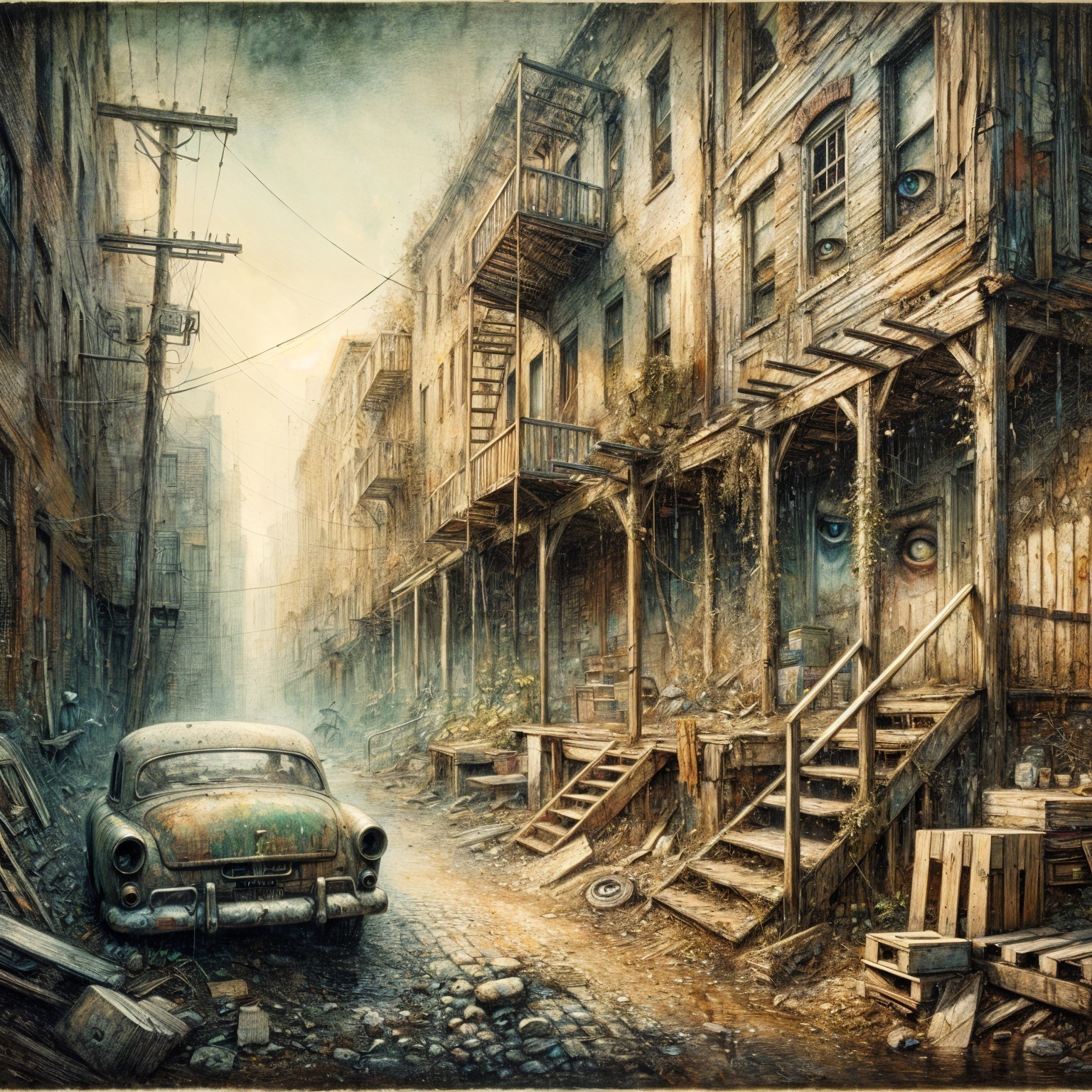 Abandoned street scene with dilapidated buildings and eyes