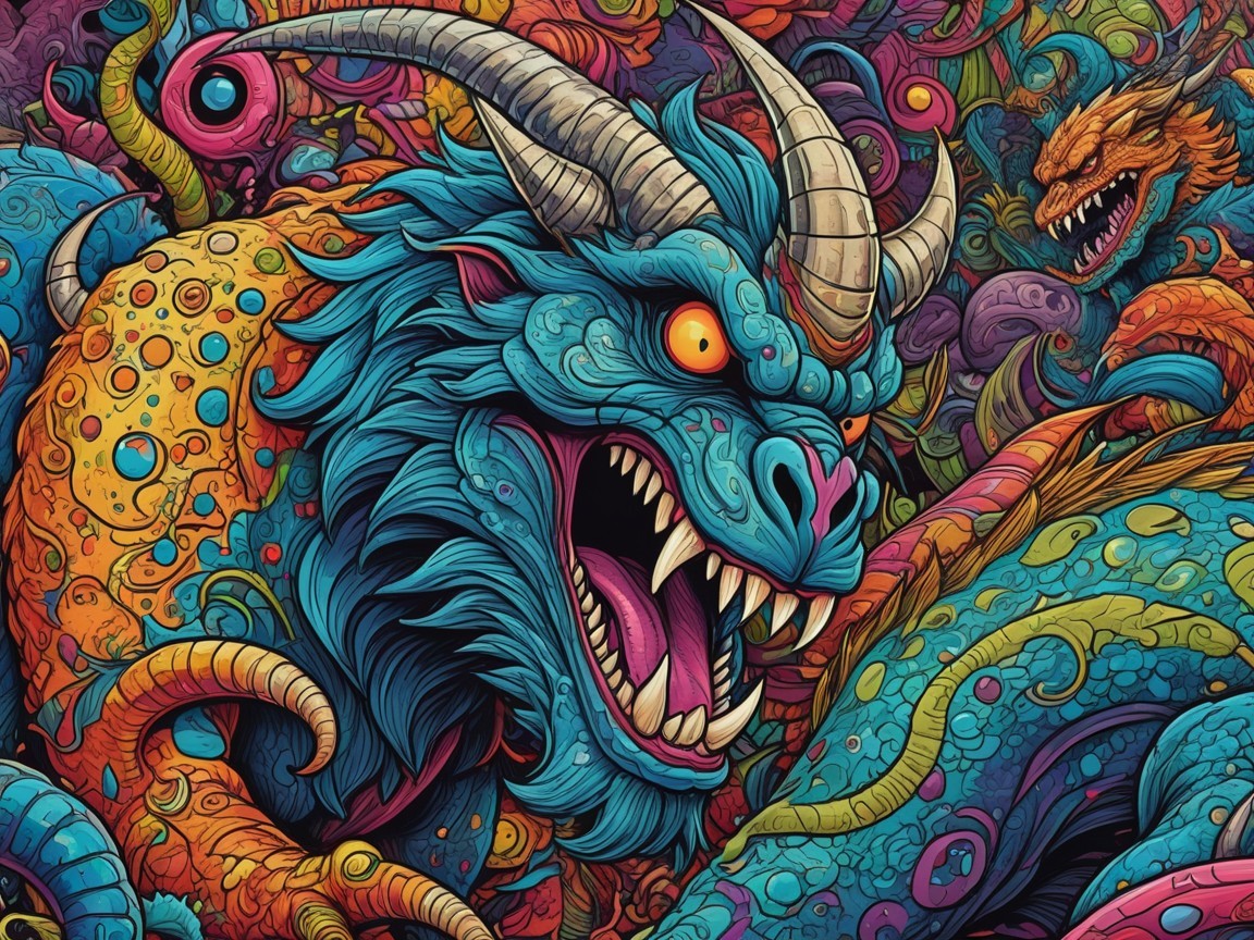 Vibrant Chaotic Creature with Blue Fur and Horns