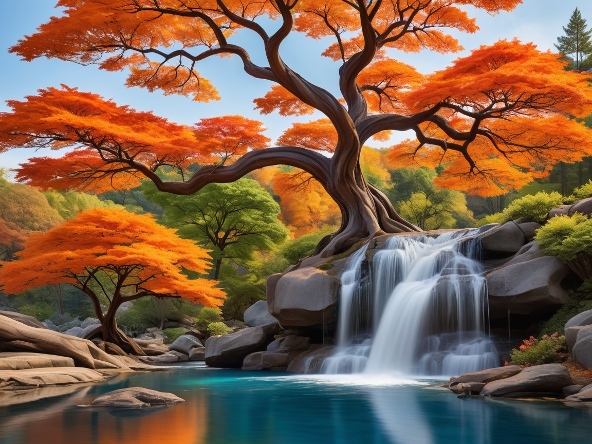 Serene landscape with waterfall and vibrant trees