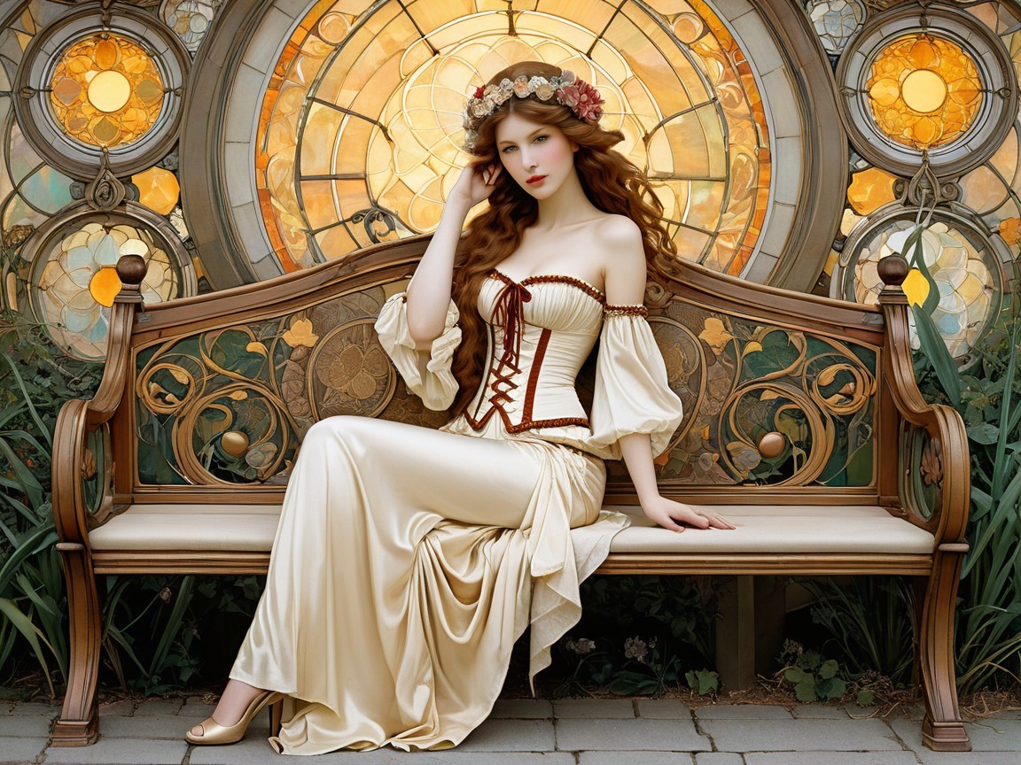 Young Woman in Elegant Attire by Stained Glass Window