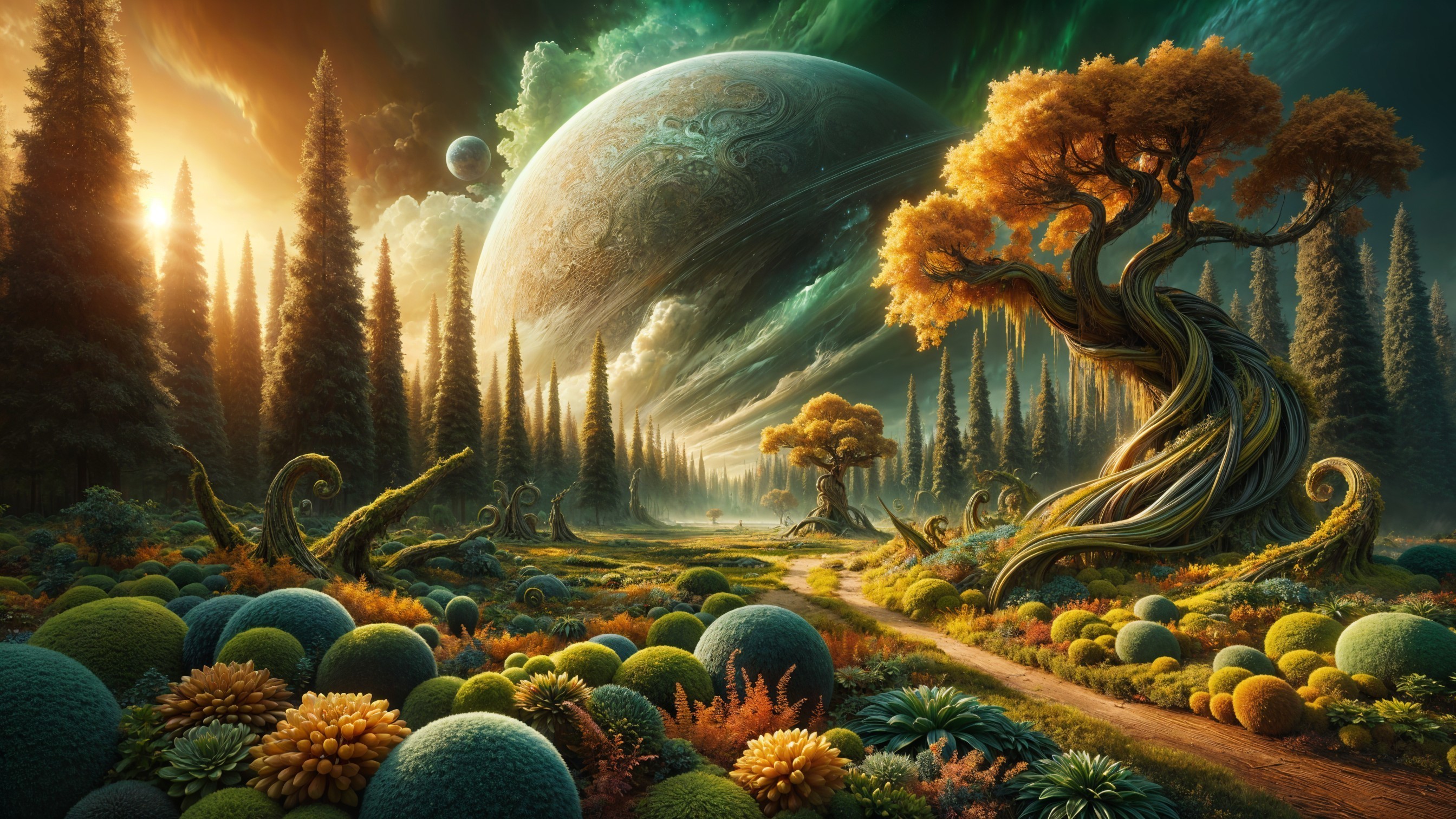 Fantastical Landscape with Vivid Sky and Unique Flora