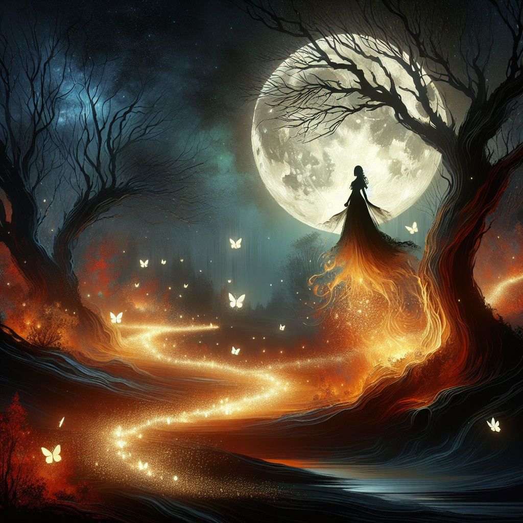 Mystical landscape with moonlit forest and ghostly figure