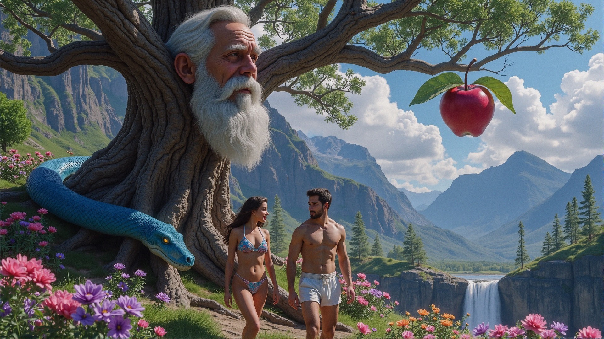 Surreal Scene with Tree, Snake, Apple, and Mountains