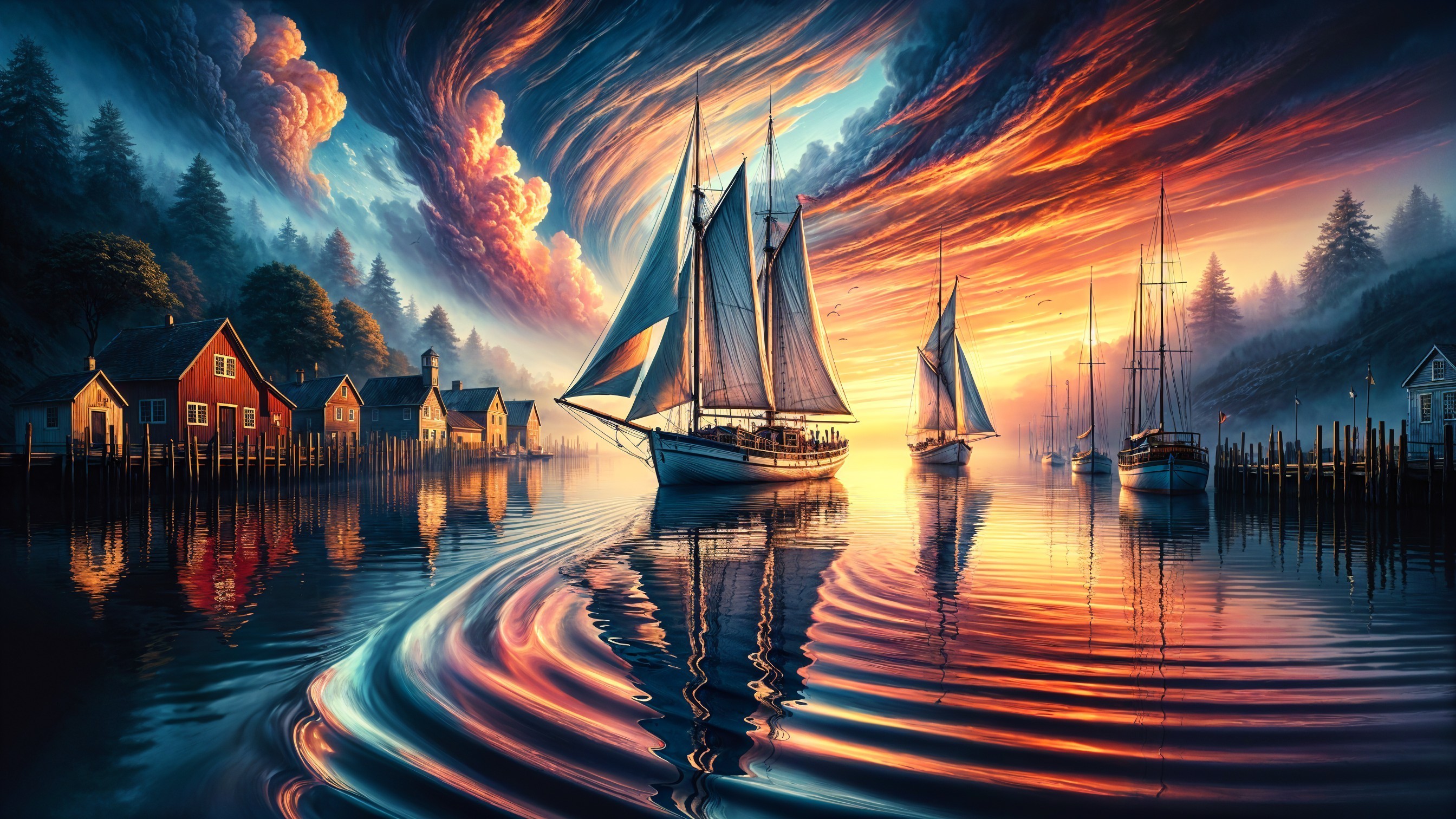 Serene Sunset with Sailing Boats and Vibrant Harbor Houses