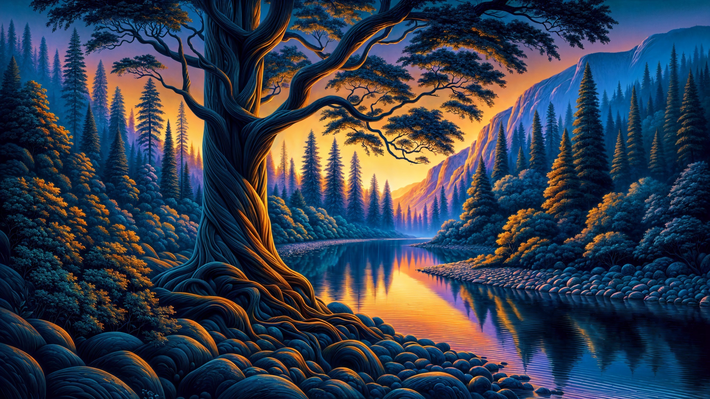 Majestic tree and serene river at sunset landscape