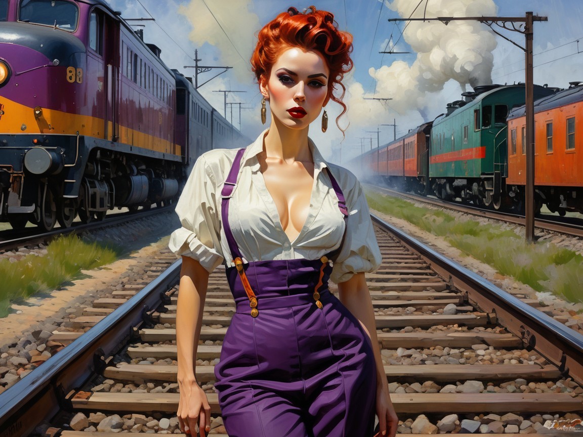 Stylish Woman with Red Hair on Vintage Railway Tracks