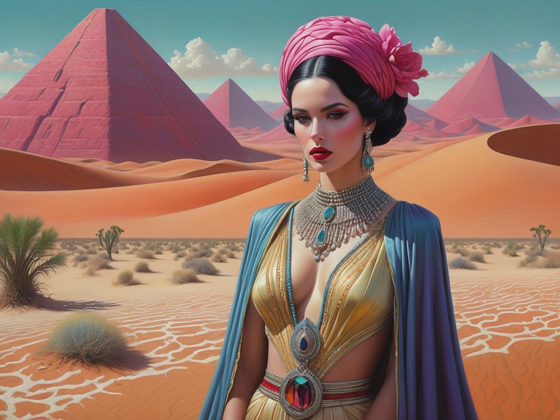 Regal Woman in Golden Dress at Desert Pyramids