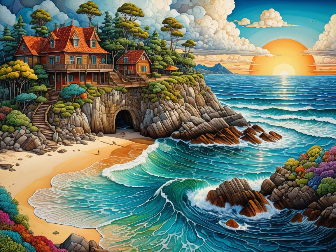 Charming Coastal House with Scenic Sunset and Waves