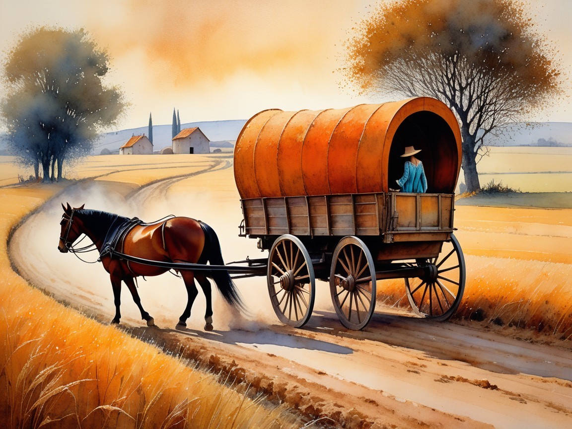 Watercolor Painting of Horse and Wagon in Golden Fields