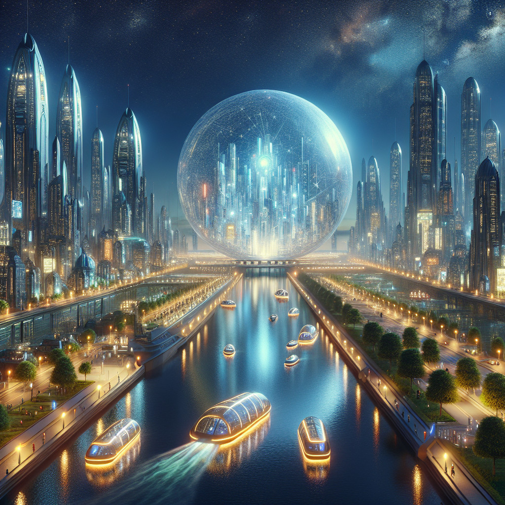 Futuristic Night Cityscape with Skyscrapers and River
