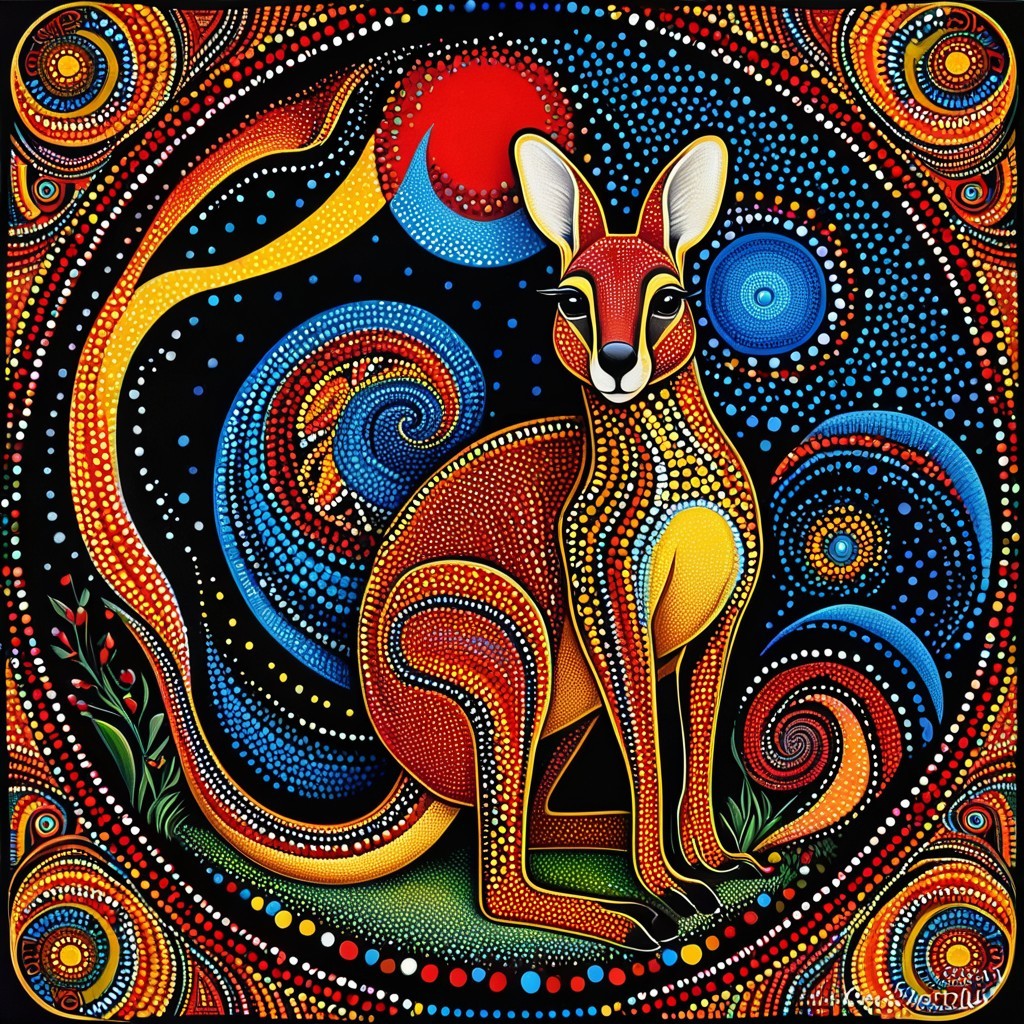 Colorful Kangaroo Illustration with Celestial Patterns