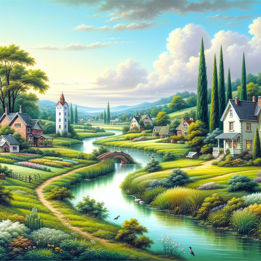 Idyllic Landscape with River and Blooming Flowers